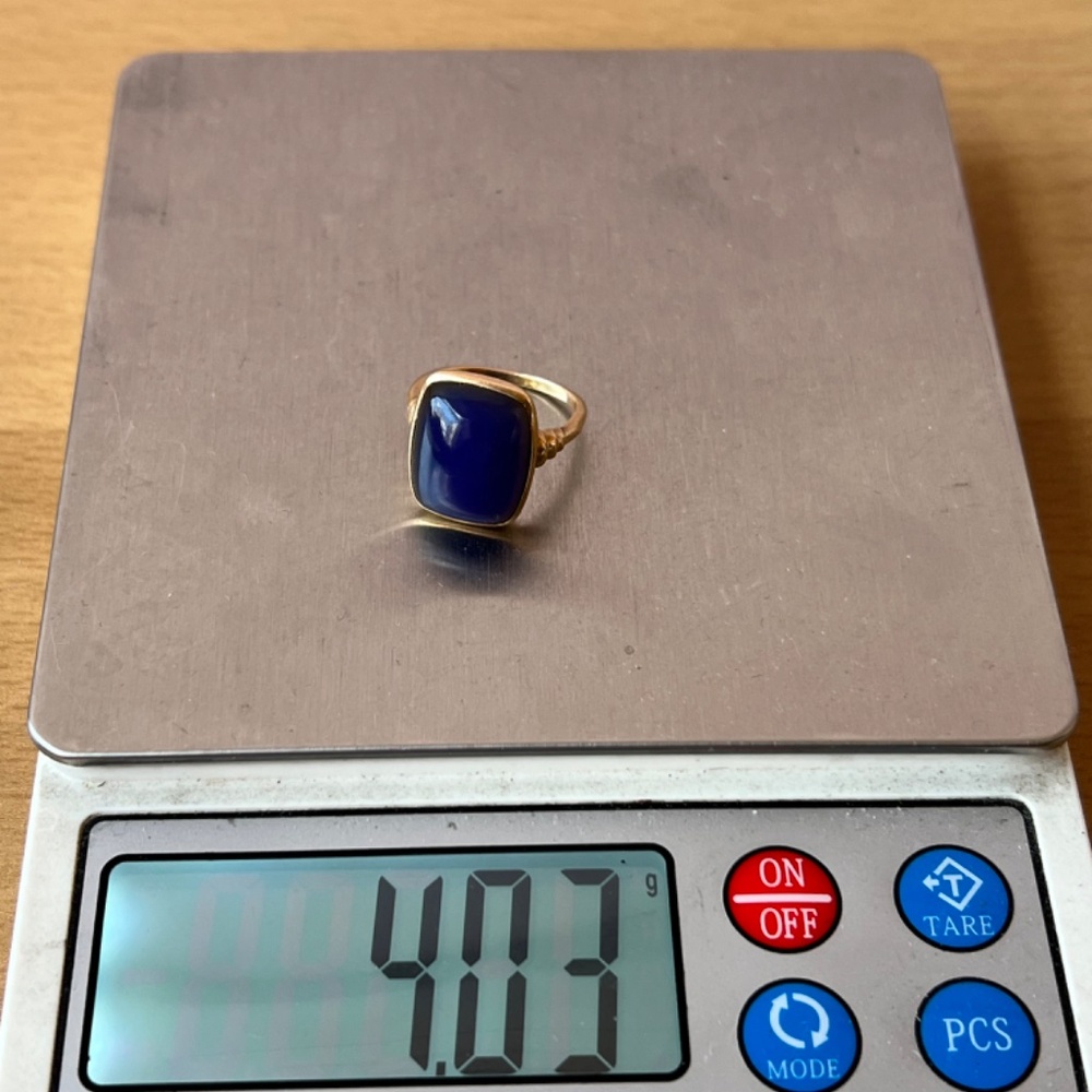 VINTAGE 14K YELLOW GOLD BLUE PURPLE CHALCEDONY CABOCHON RING EUROPEAN HALLMARK - Picture 8 of 16
